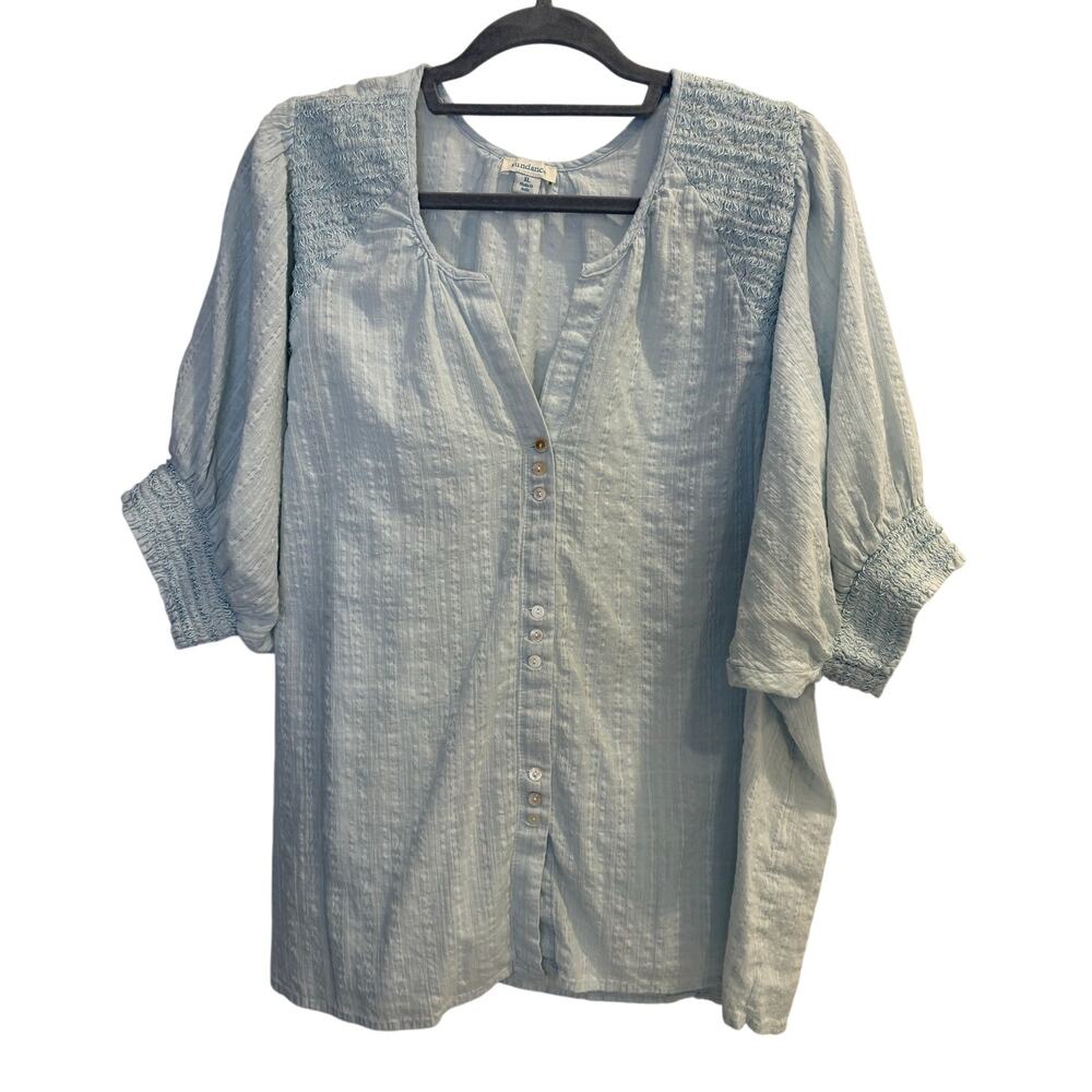 Sundance Light Blue Smocked Button Up Blouse Textured Boho Cottagecore Size XL